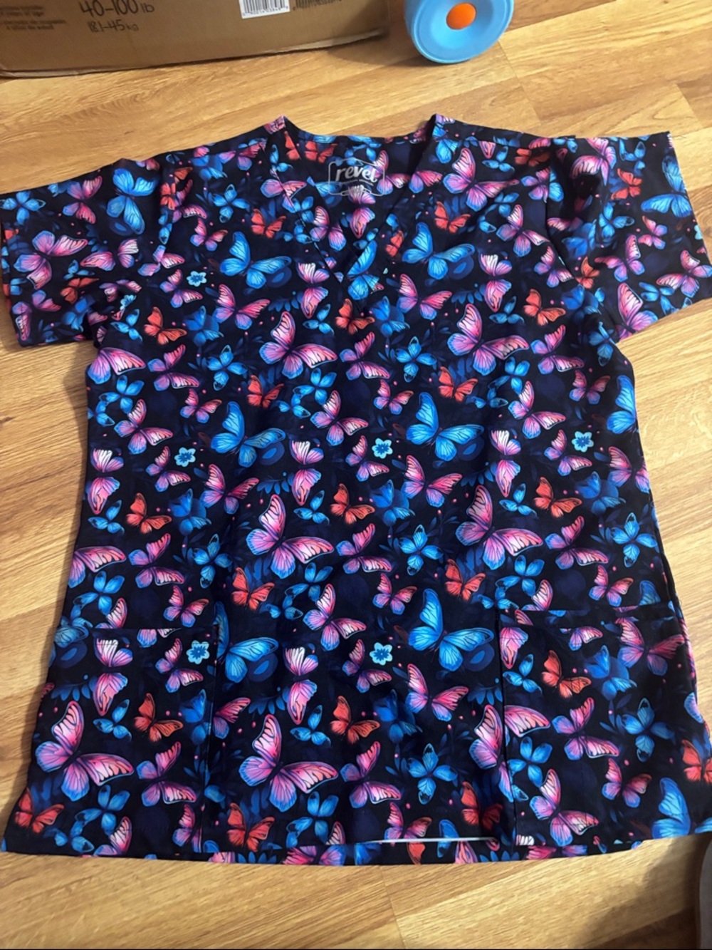 Revel Butterfly Print Scrub Top - Pink & Blue on Black